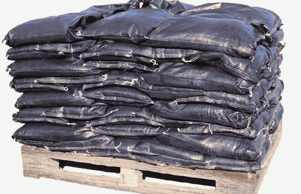Black heavy duty woven pp uv protected sandbags on a wooden pallet.
