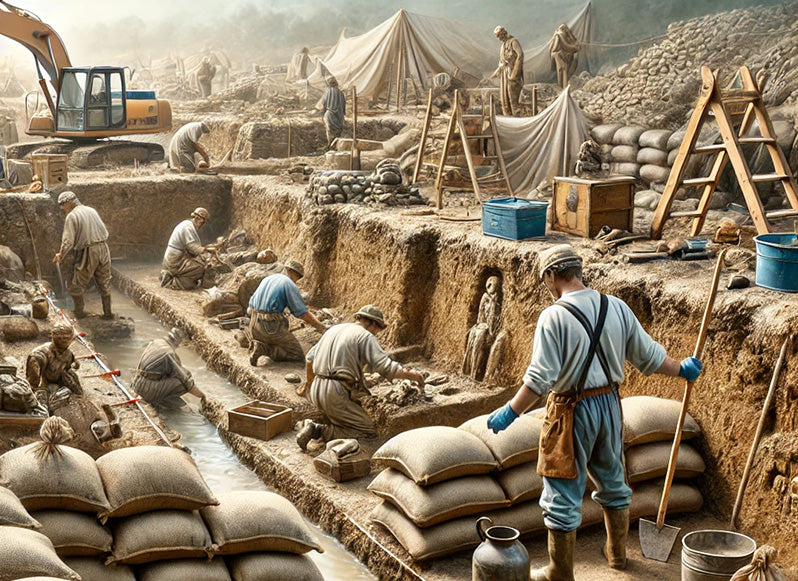 Here's an image of an archaeological excavation site with archaeologists using sandbags 