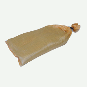 A single heavy duty woven polypropylene UV-protected beige filled sandbag