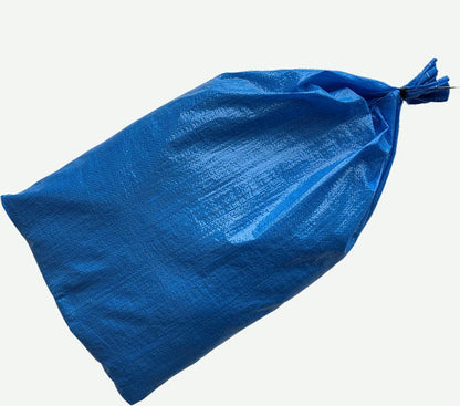 A single standard duty blue woven polypropylene filled sandbag