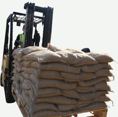 A pallet of Heavy duty hessian jute prefilled military grade sandbags